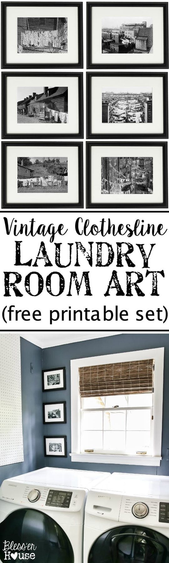 Vintage Clothesline Laundry Room Art Printable Set | unigumushane.com - A free downloadable printable set of 6 vintage black & white clothesline cityscape and countryscape photos perfect for framing in a laundry room.
