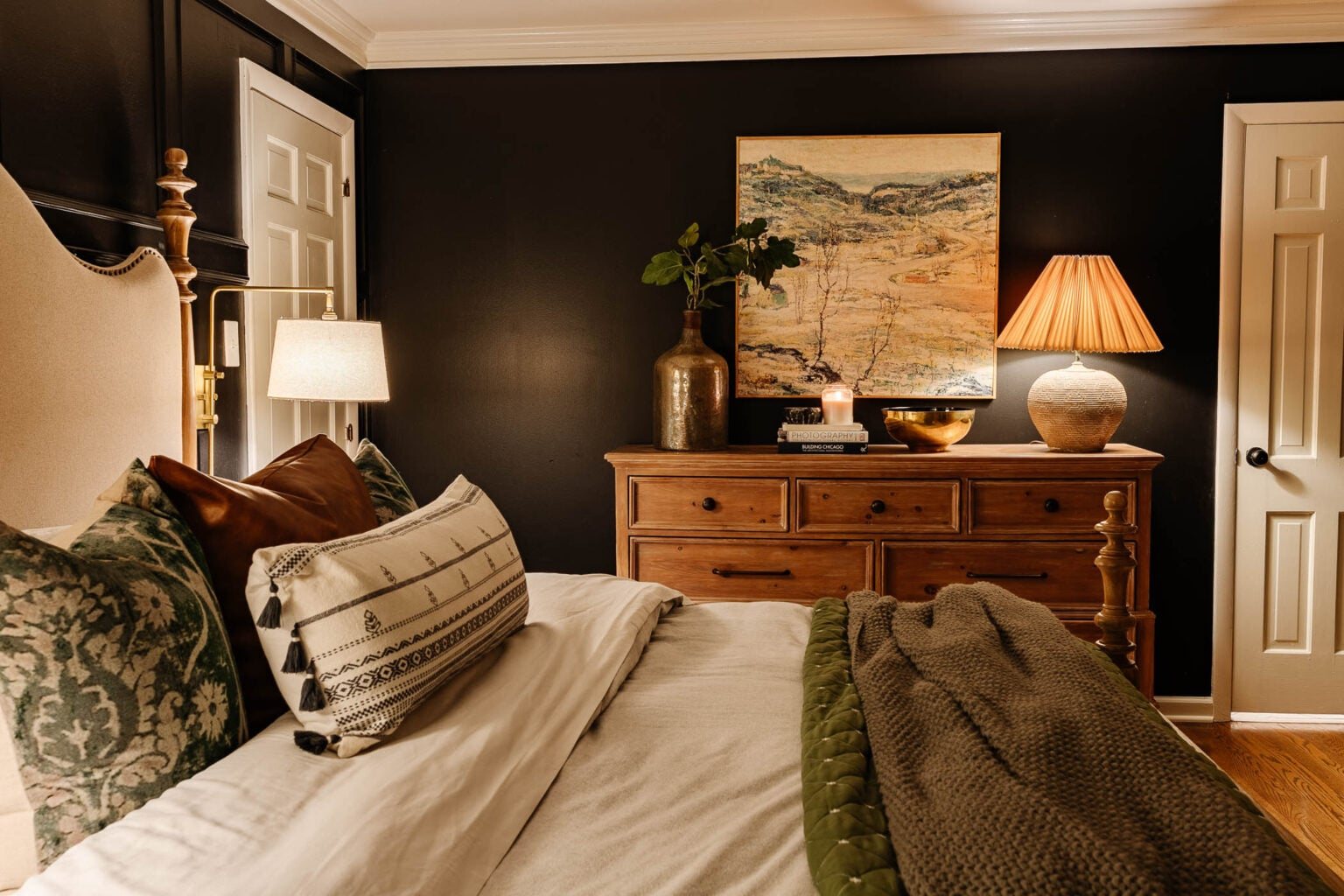 DIY concrete table lamp on a dresser in a bedroom