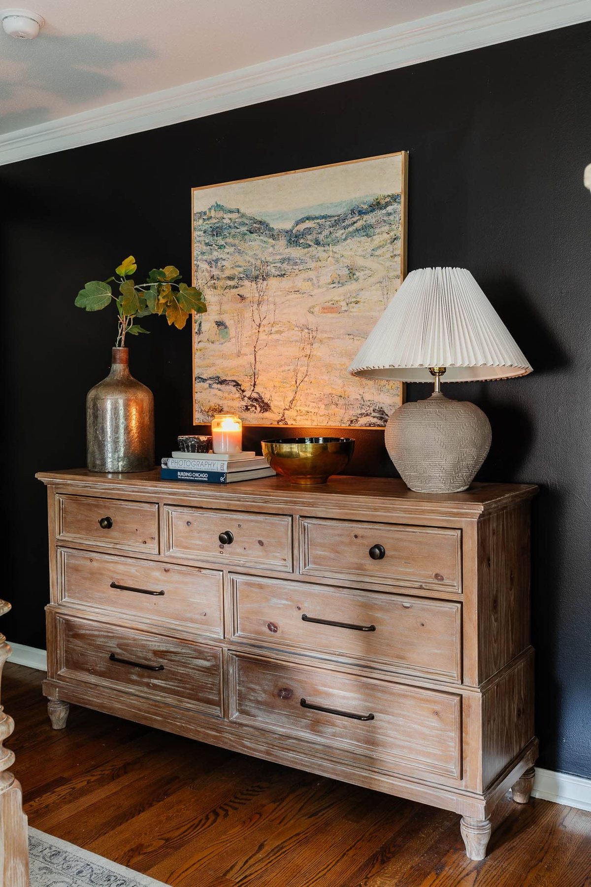 rustic table lamp with bedroom dresser decor and black walls