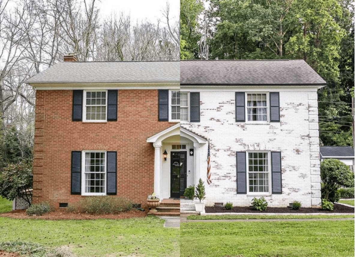 white brick house before and after