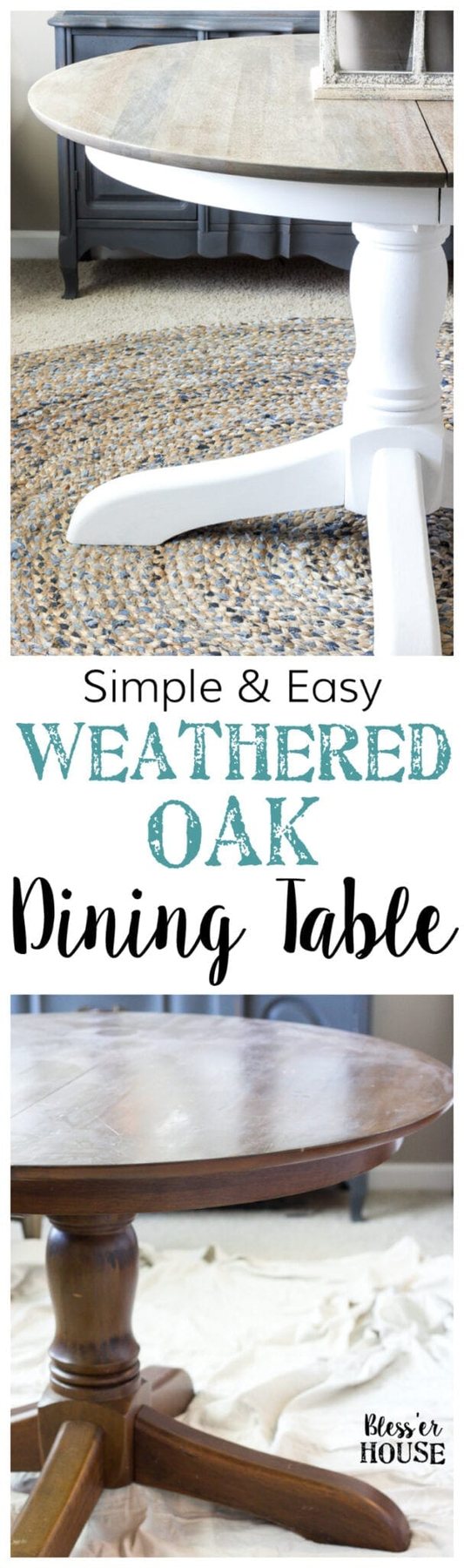 Weathered Oak Dining Table Makeover | unigumushane.com - A thrifted banged up dining table gets a simple weathered oak finish for a high-end designer look. This tutorial is so easy!