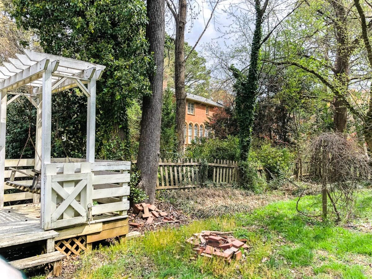 backyard before with broken fence and overgrown weeds