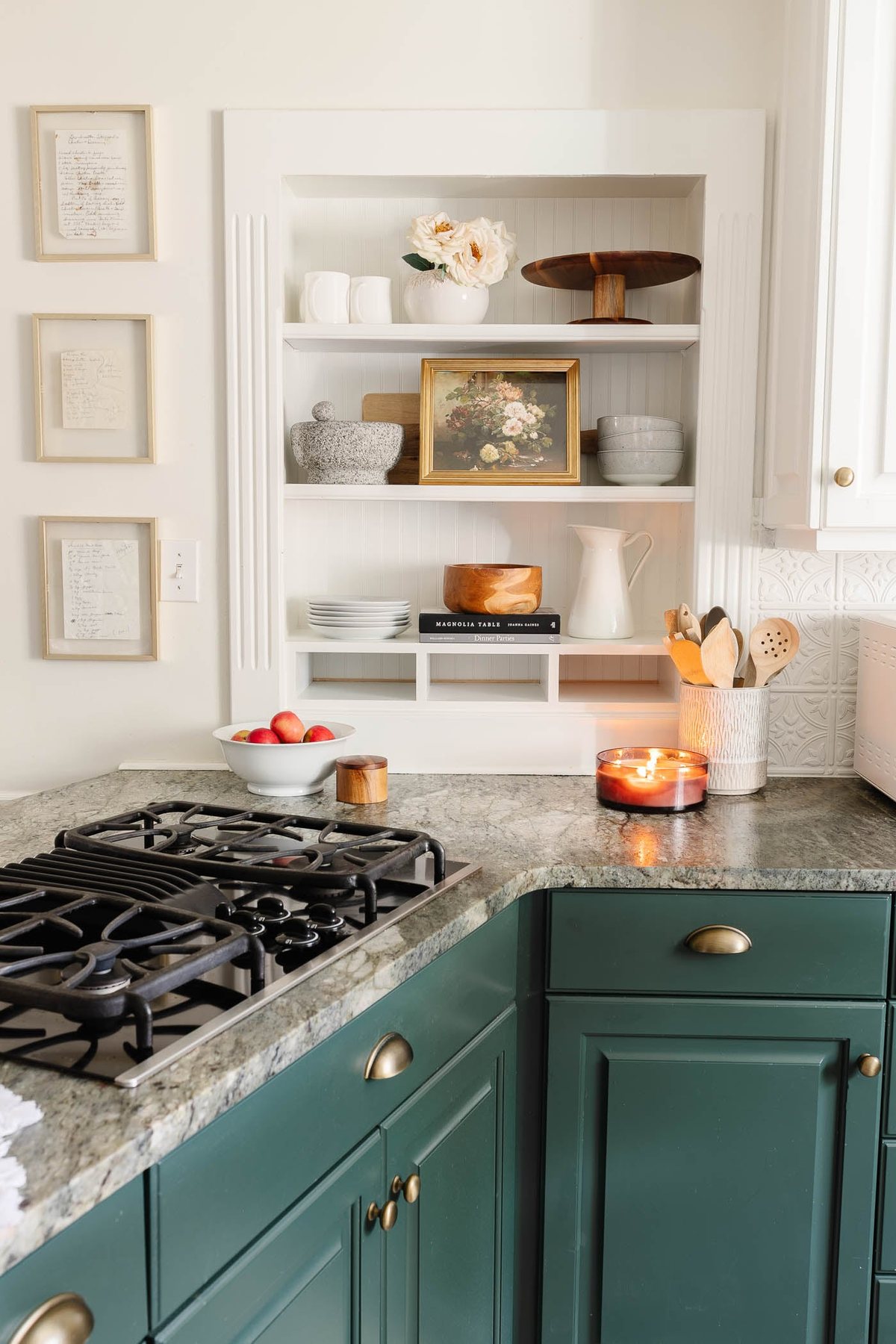 kitchen shelves with simple decor for Valentine's Day