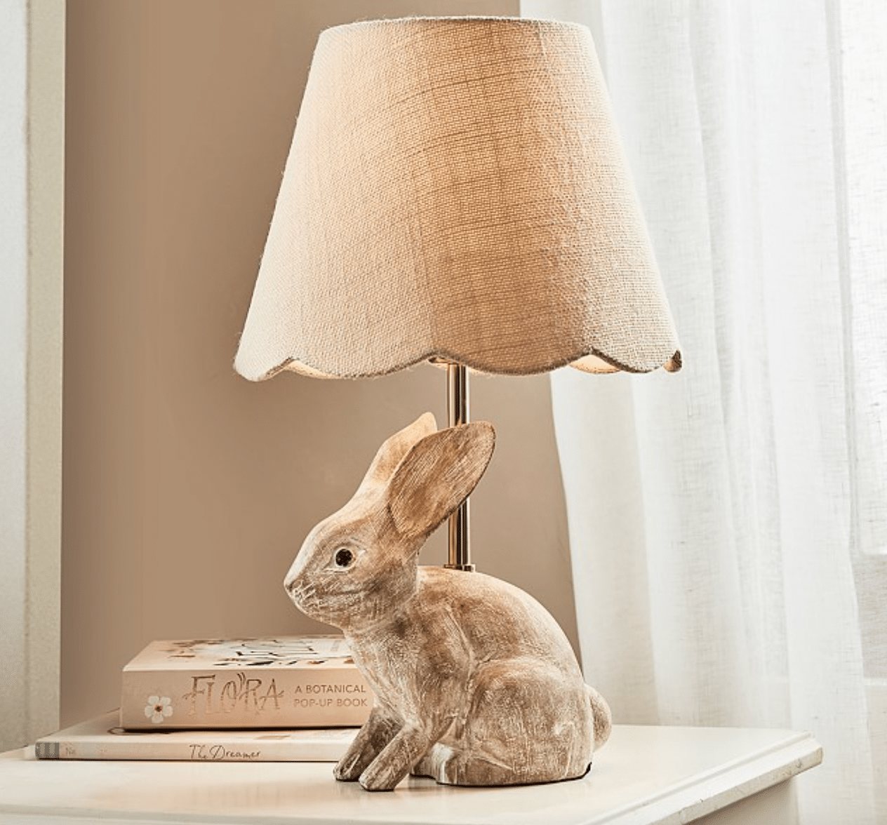 wood bunny lamp with scalloped shade