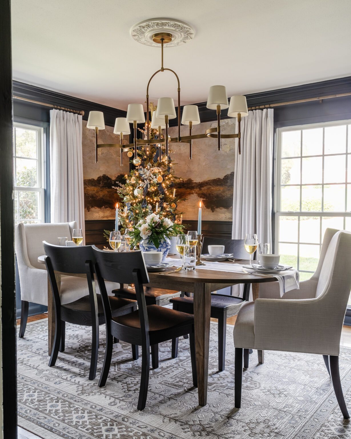 dining room decorated for Christmas