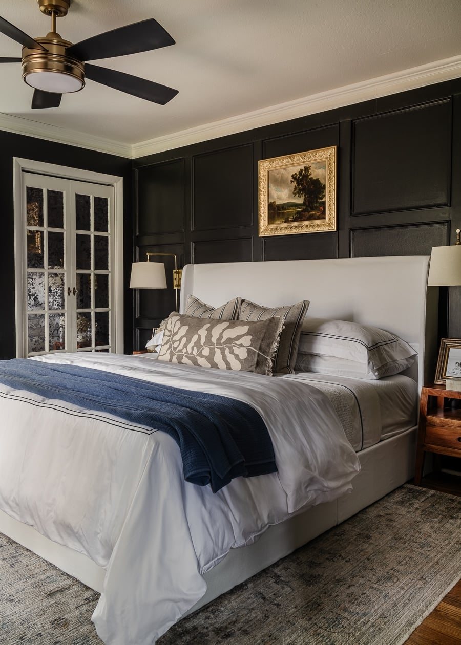primary bedroom painted black in Kilz Rebel