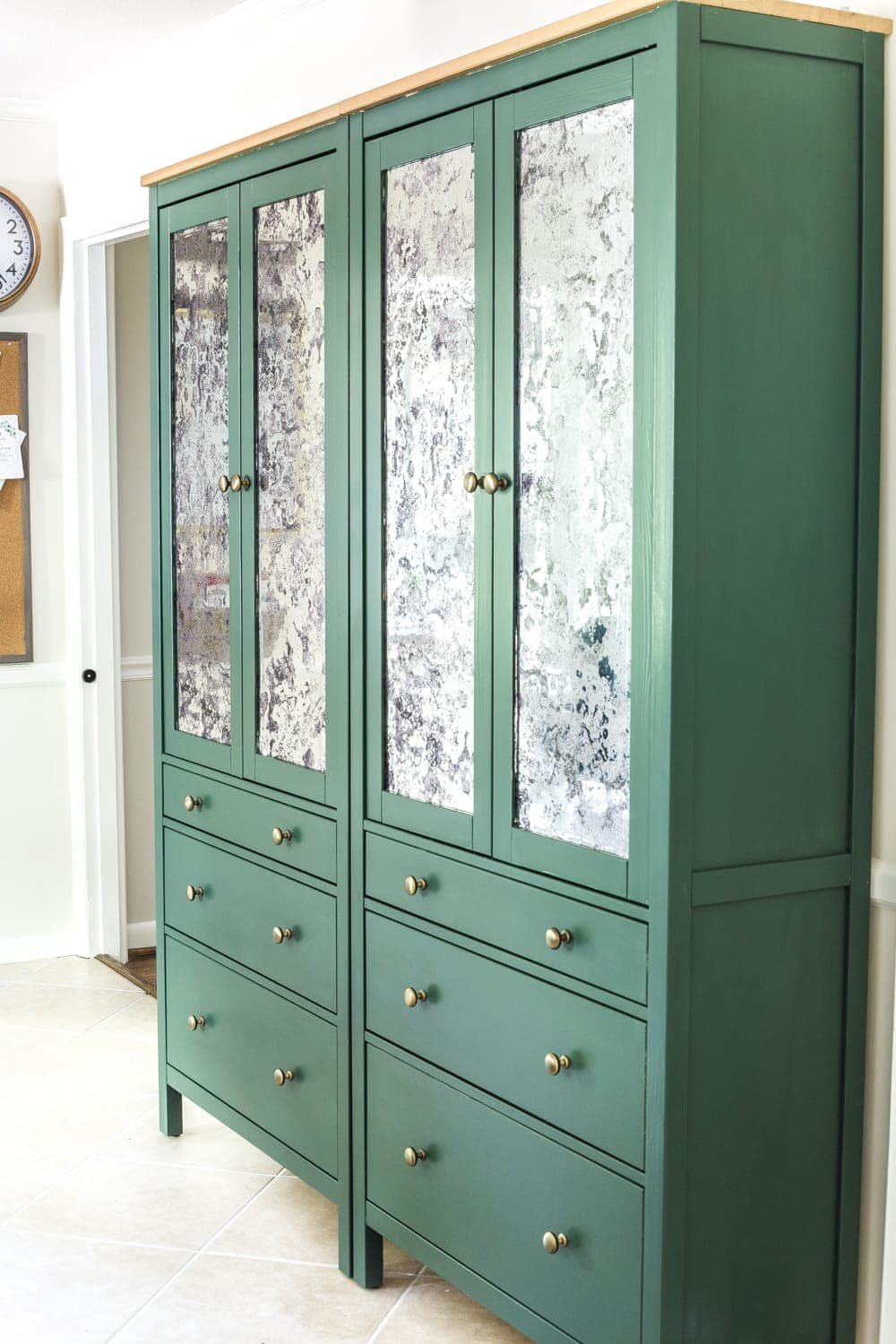 DIY IKEA Hemnes Pantry Cabinet painted green with brass knobs