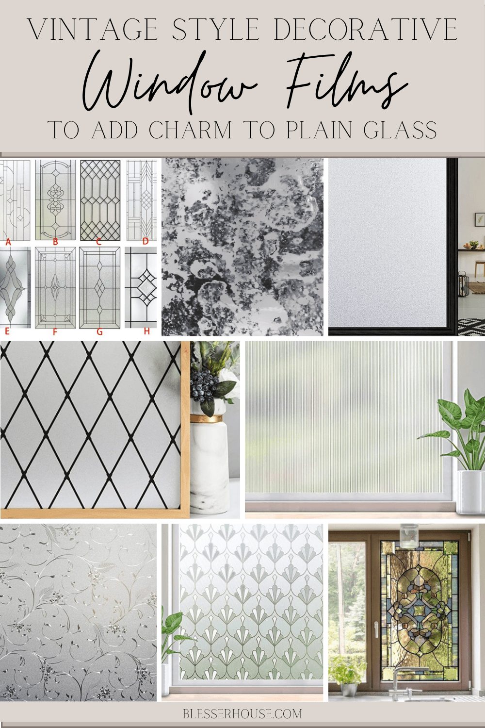 collage - vintage style decorative window films to add charm to plain glass