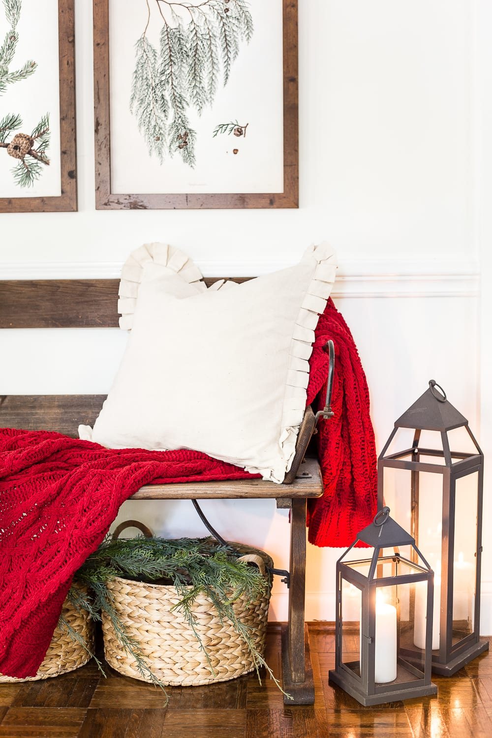 Winter Botanical Gallery Wall Printables | unigumushane.com - A Christmas entryway bench and a free downloadable set of winter evergreen botanical prints for a printable gallery wall #christmasprintable #christmasentryway #botanicalprints #gallerywall