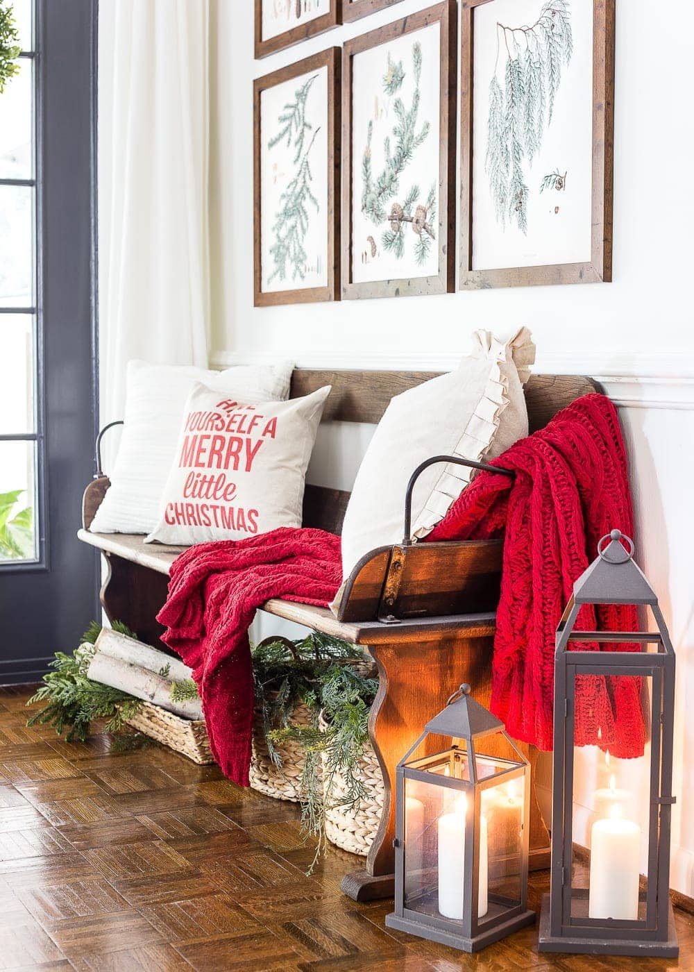 Winter Botanical Gallery Wall Printables | unigumushane.com - A Christmas entryway bench and a free downloadable set of winter evergreen botanical prints for a printable gallery wall #christmasprintable #christmasentryway #botanicalprints #gallerywall