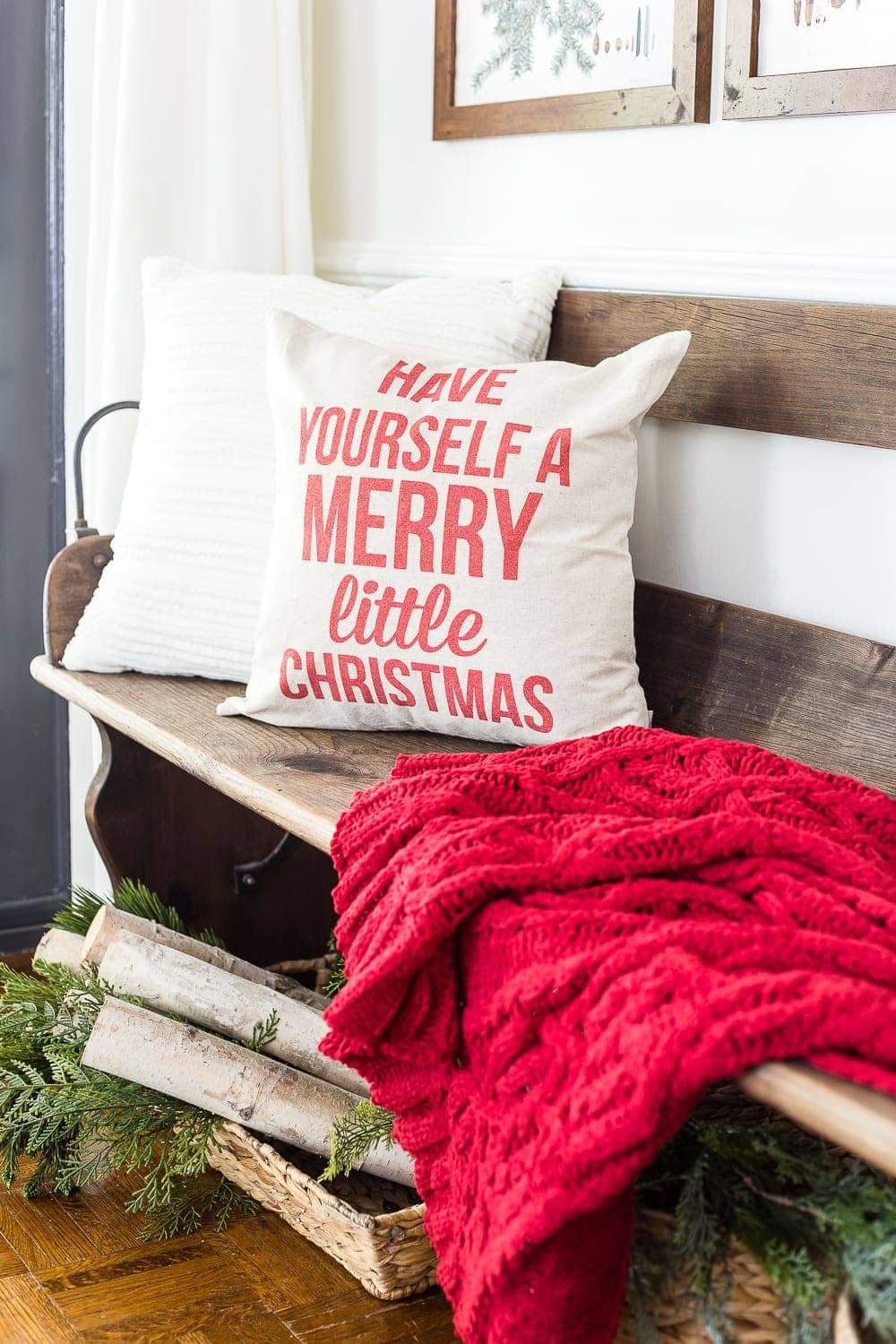 Winter Botanical Gallery Wall Printables | unigumushane.com - A Christmas entryway bench and a free downloadable set of winter evergreen botanical prints for a printable gallery wall #christmasprintable #christmasentryway #botanicalprints #gallerywall