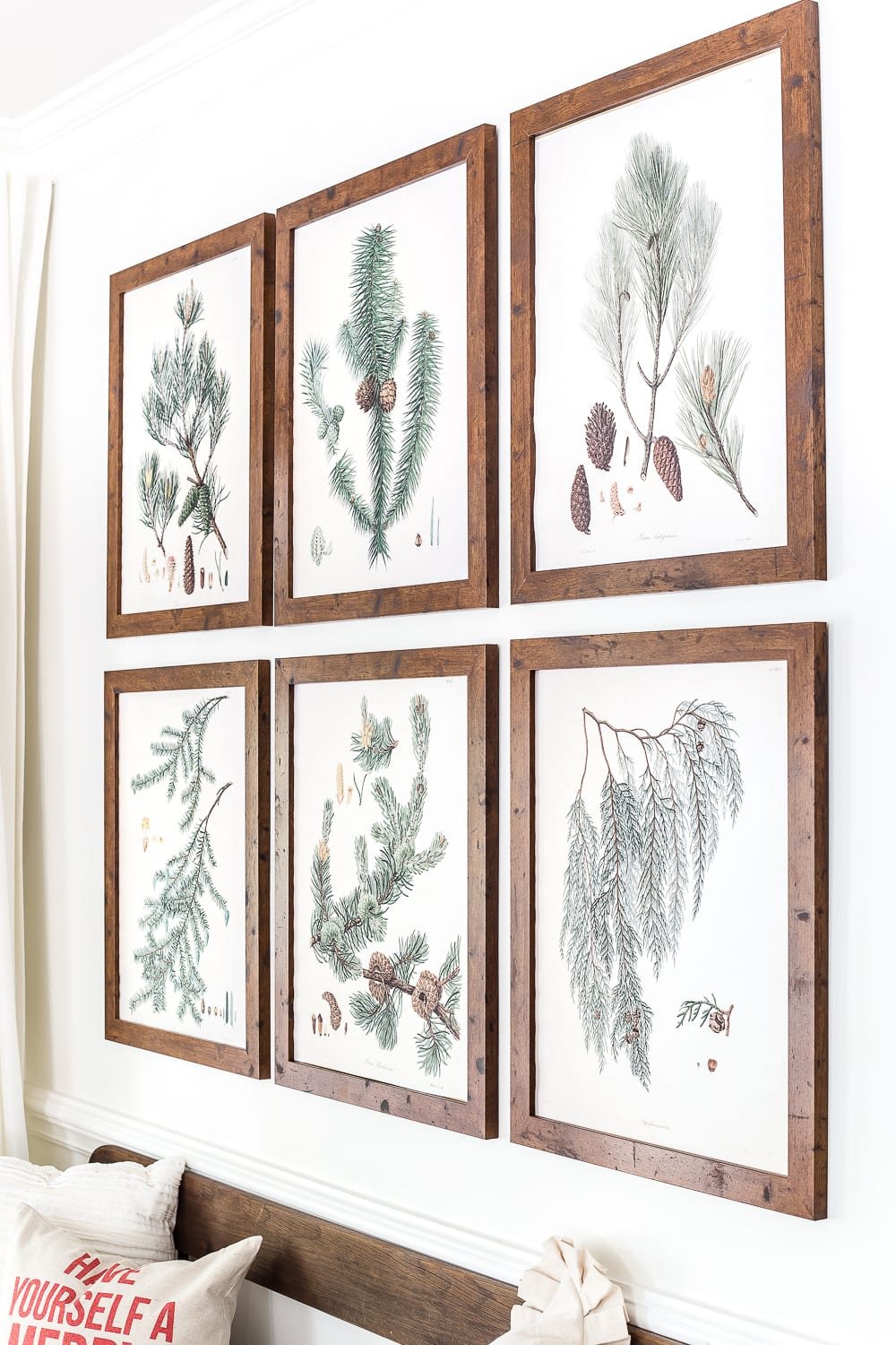 Winter Botanical Gallery Wall Printables | unigumushane.com - A Christmas entryway bench and a free downloadable set of winter evergreen botanical prints for a printable gallery wall #christmasprintable #christmasentryway #botanicalprints #gallerywall