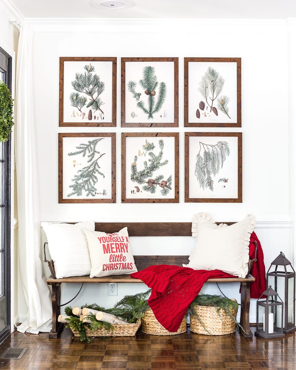 Winter Botanical Gallery Wall Printables | unigumushane.com - A Christmas entryway bench and a free downloadable set of winter evergreen botanical prints for a printable gallery wall #christmasprintable #christmasentryway #botanicalprints #gallerywall