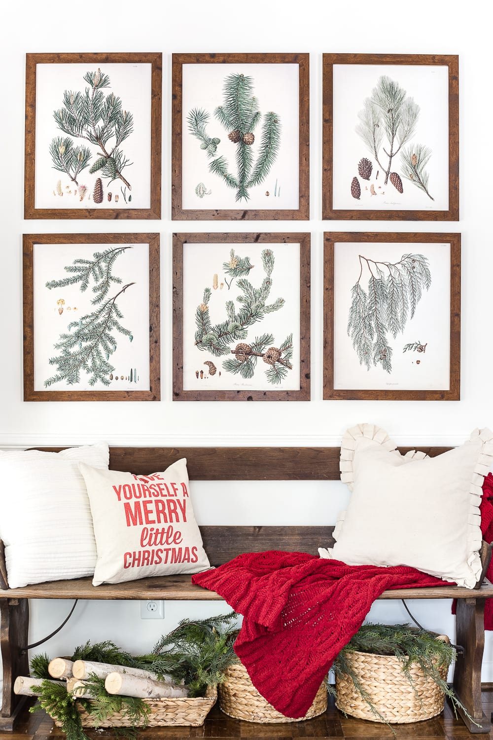 Winter Botanical Gallery Wall Printables | unigumushane.com - A Christmas entryway bench and a free downloadable set of winter evergreen botanical prints for a printable gallery wall #christmasprintable #christmasentryway #botanicalprints #gallerywall