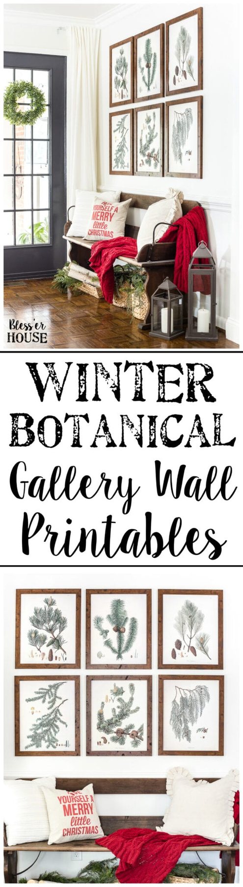 Winter Botanical Gallery Wall Printables | unigumushane.com - A Christmas entryway bench and a free downloadable set of winter evergreen botanical prints for a printable gallery wall #christmasprintable #christmasentryway #botanicalprints #gallerywall