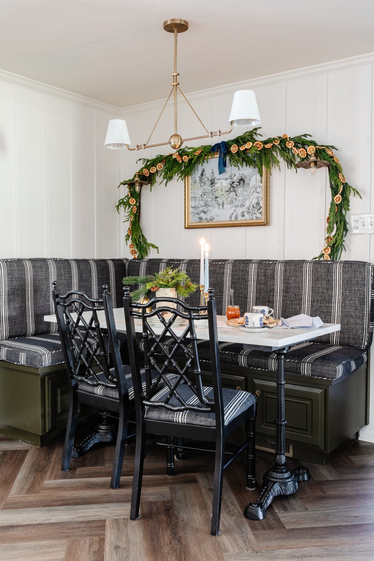 Christmas kitchen table with garland and winter scene art printable