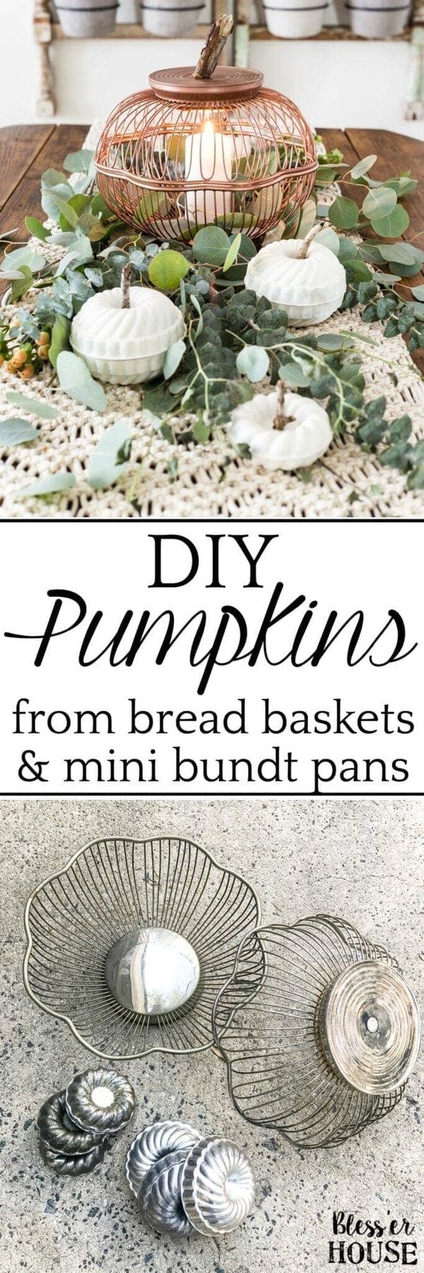 A step-by-step tutorial for making craft pumpkins for fall using thrifted vintage wire bread baskets and mini bundt pan Jello molds. #craftpumpkin #fallcraft