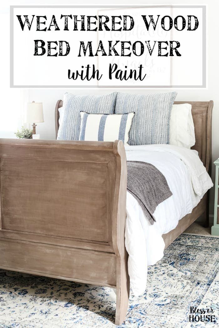 Painted Weathered Wood Bed Makeover | unigumushane.com - A thrifted bed gets a painted weathered wood Restoration Hardware look with no messy furniture stripping and in 3 quick steps.