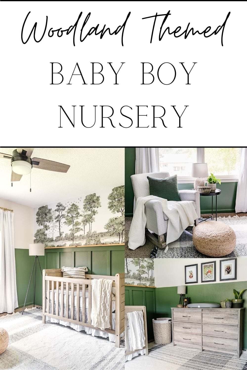 woodland themed baby boy nursery with green paint, forest wall mural, and plaid