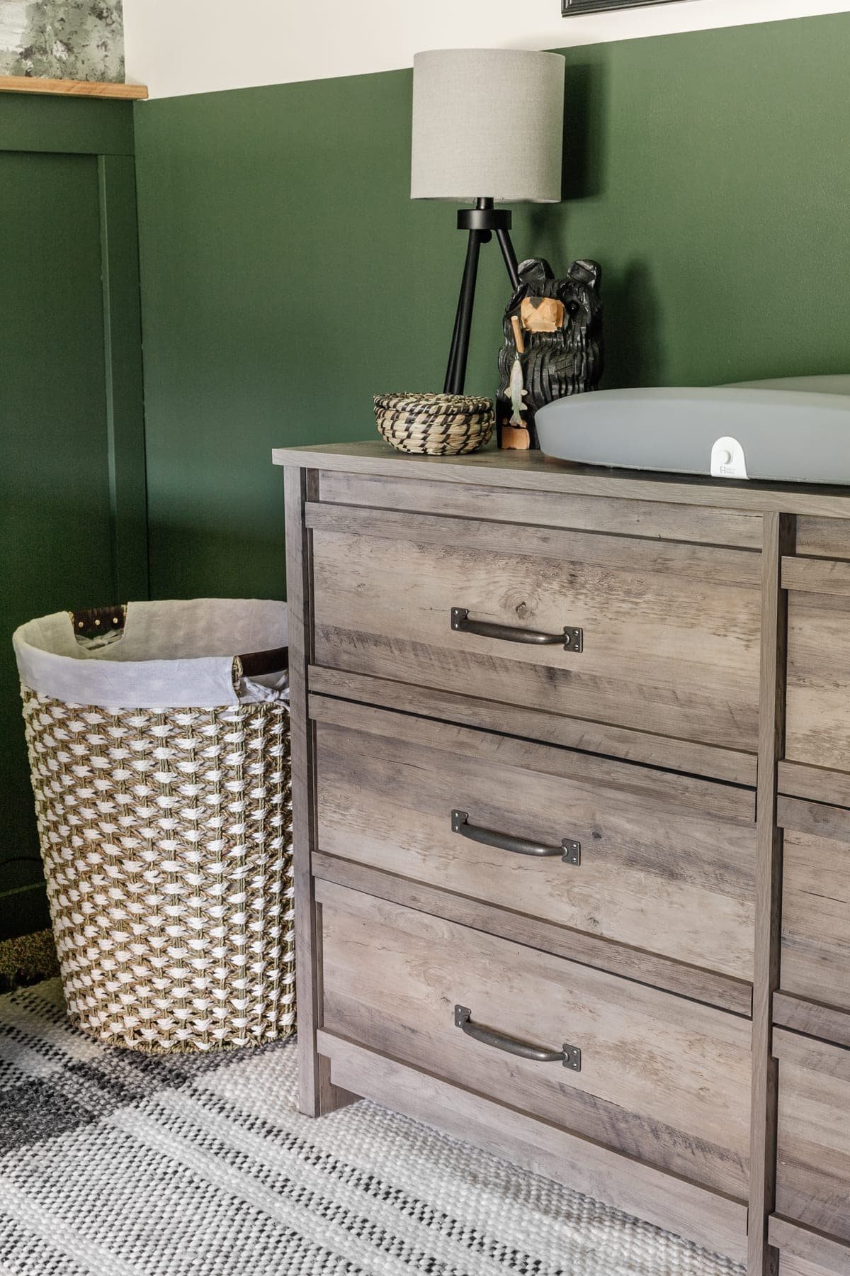 boy nursery with weathered wood dresser
