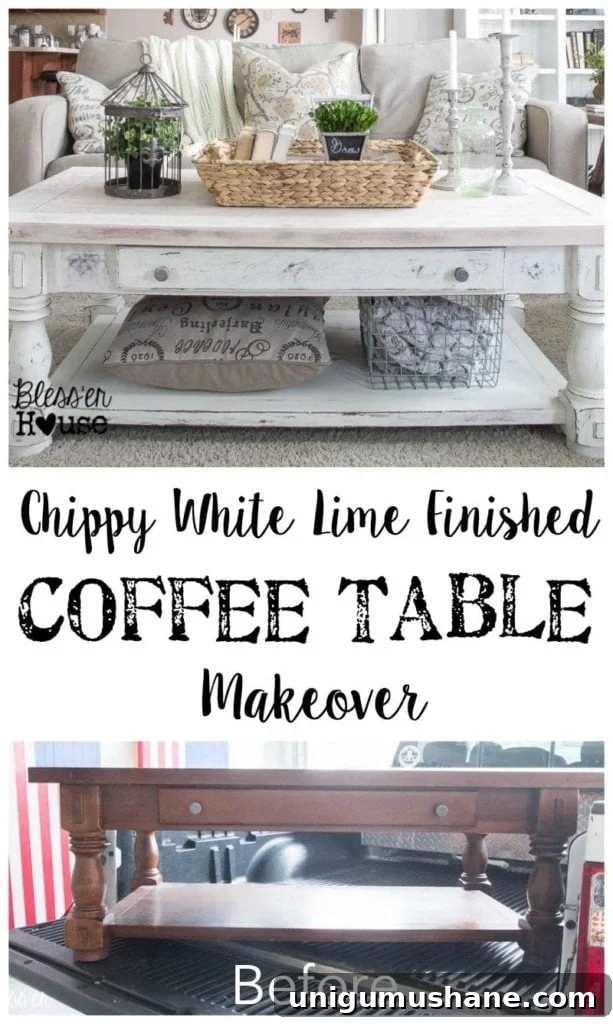 Distressed Chippy White Limewashed Coffee Table 2 Chippy White Lime Finished Coffee Table | Bless'er House - Love the lime waxed natural top!