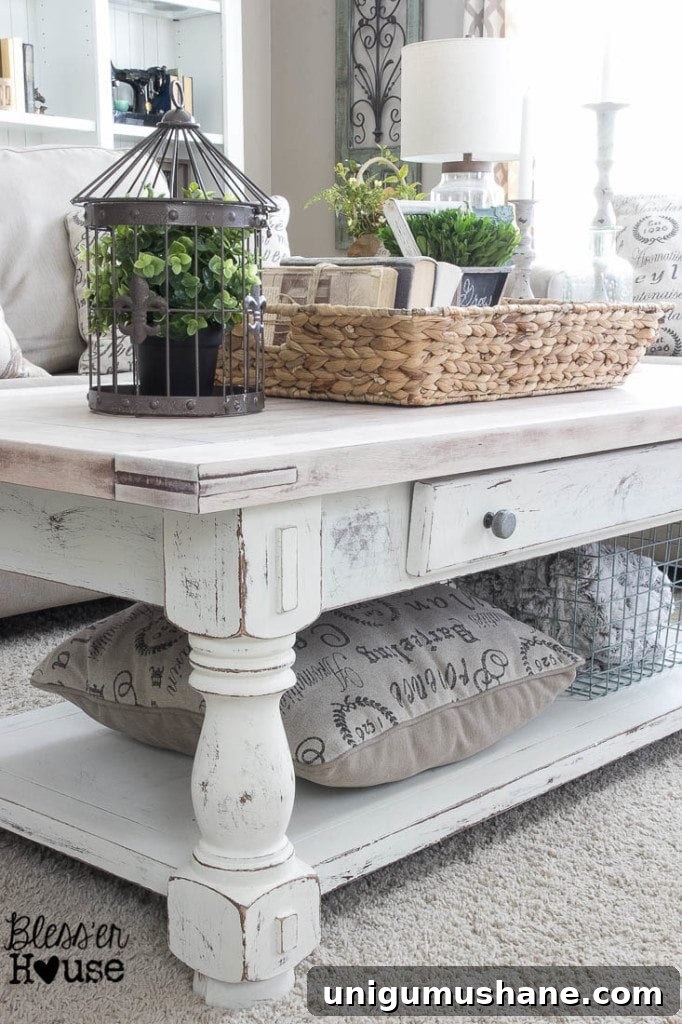 Distressed Chippy White Limewashed Coffee Table 6 Chippy White Lime Finished Coffee Table | Bless'er House - Love the lime waxed natural top!