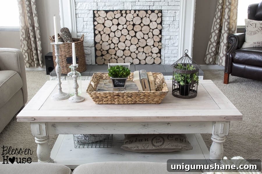 Distressed Chippy White Limewashed Coffee Table 7 Chippy White Lime Finished Coffee Table | Bless'er House - Love the lime waxed natural top!