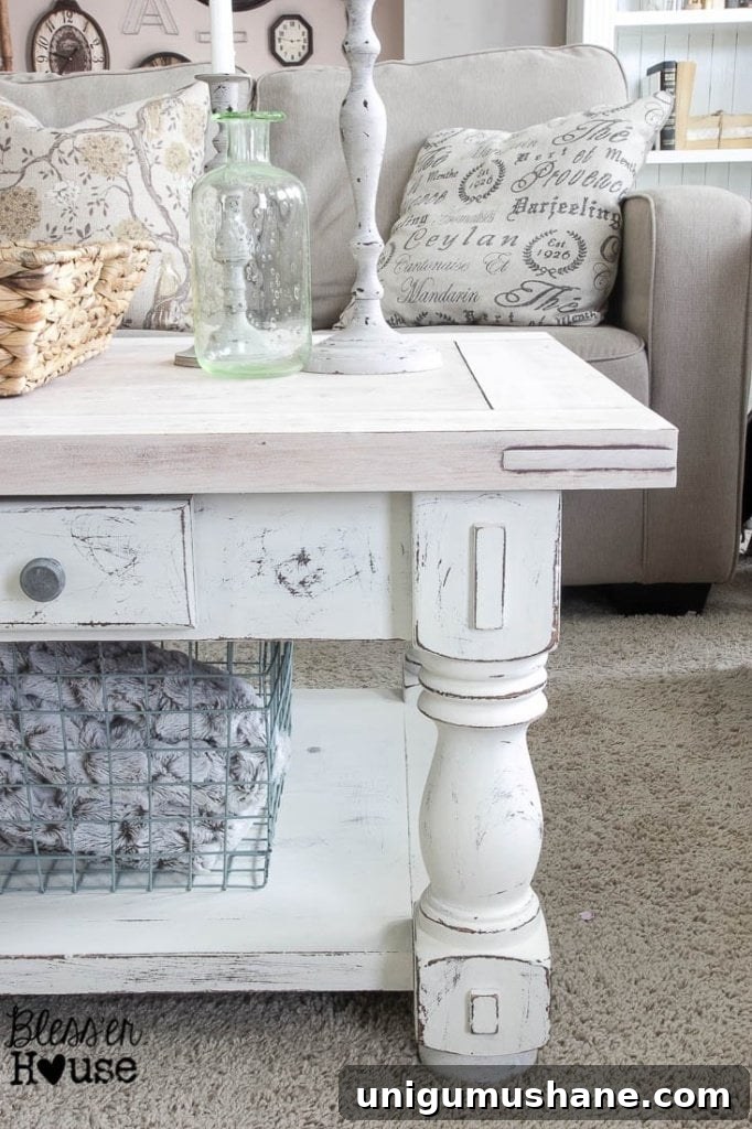 Distressed Chippy White Limewashed Coffee Table 8 Chippy White Lime Finished Coffee Table | Bless'er House - Love the lime waxed natural top!