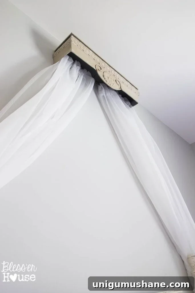 Transform a Repurposed Shelf into a Canopy Crown 5 DIY Canopy from a Repurposed Shelf | Bless'er House - This version is over $400 less than the RH Baby and Child version and looks nearly identical!