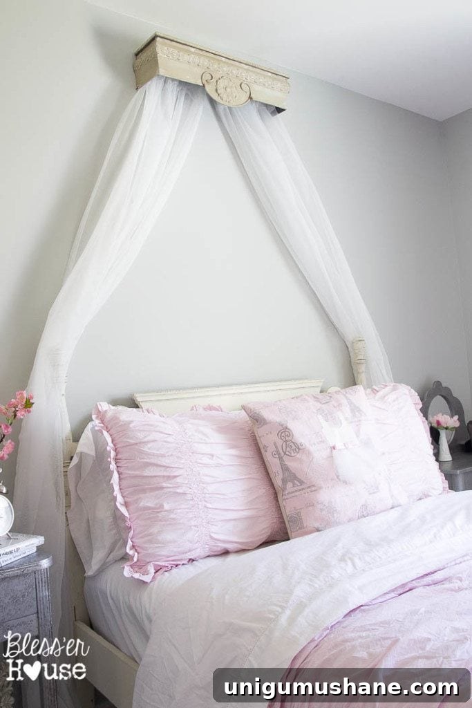 Transform a Repurposed Shelf into a Canopy Crown 9 DIY Canopy from a Repurposed Shelf | Bless'er House - This version is over $400 less than the RH Baby and Child version and looks nearly identical!