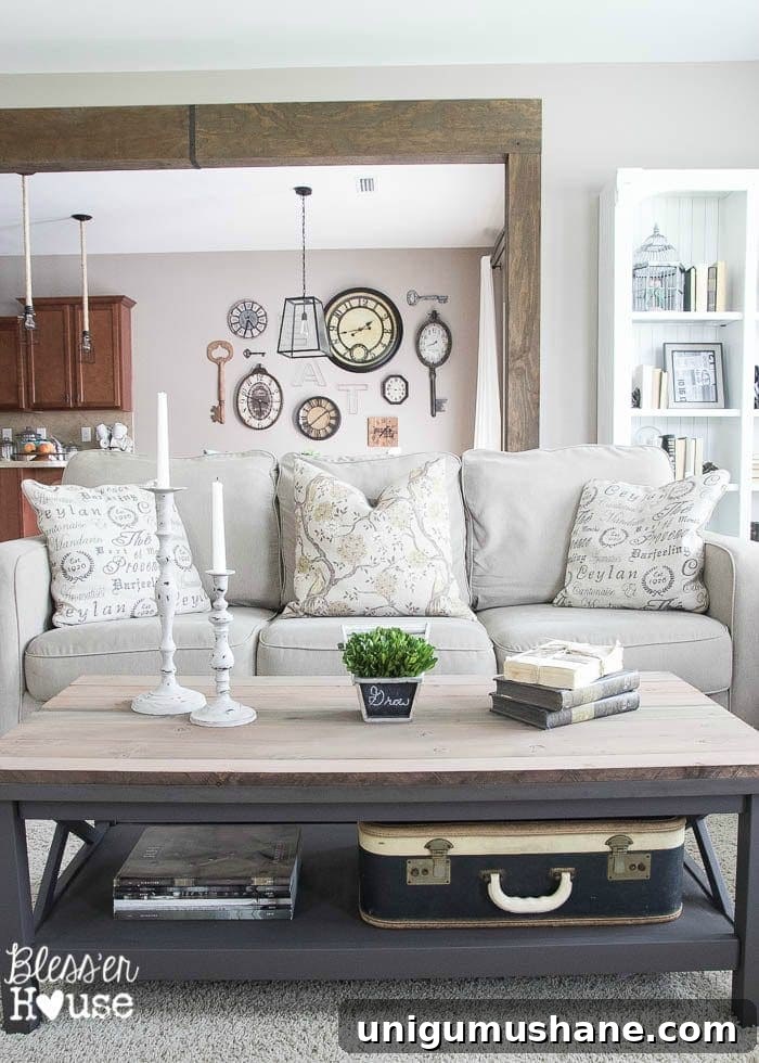 Reclaimed Barnwood Coffee Table with Rustic Farmhouse Top 4 Barn Wood Top Coffee Table | Bless'er House - Gorgeous way to cover up a scratched, peeling veneer coffee table top!