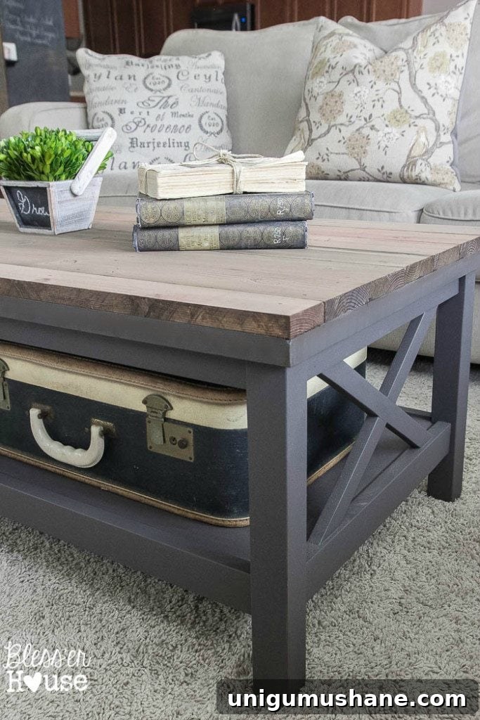 Reclaimed Barnwood Coffee Table with Rustic Farmhouse Top 5 Barn Wood Top Coffee Table | Bless'er House - Gorgeous way to cover up a scratched, peeling veneer coffee table top!