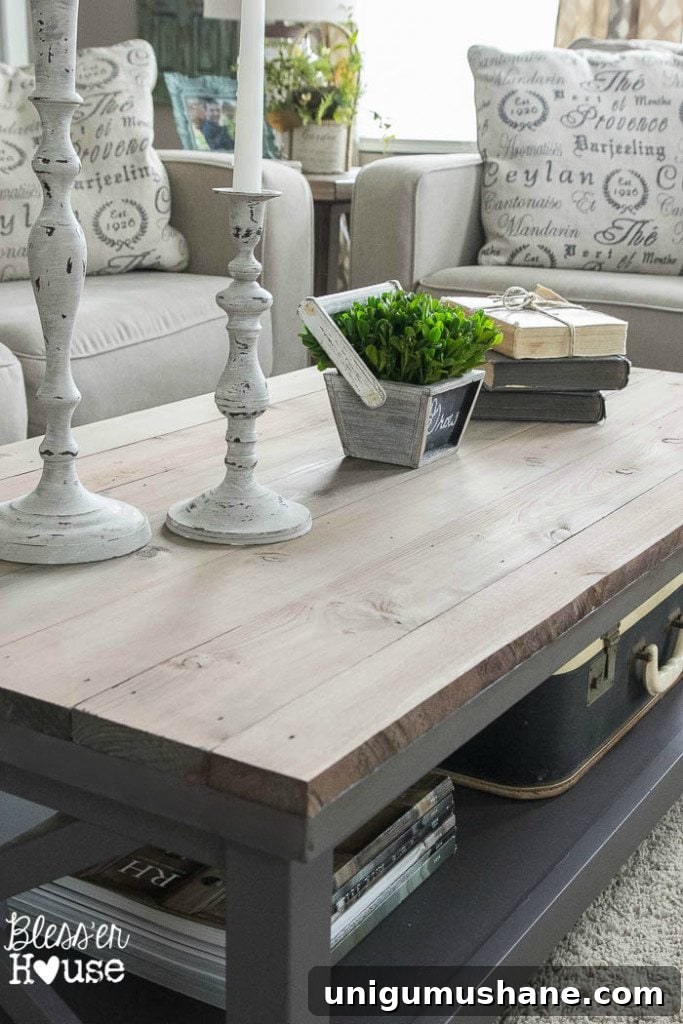 Reclaimed Barnwood Coffee Table with Rustic Farmhouse Top 6 Barn Wood Top Coffee Table | Bless'er House - Gorgeous way to cover up a scratched, peeling veneer coffee table top!
