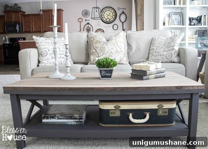 Reclaimed Barnwood Coffee Table with Rustic Farmhouse Top 7 Barn Wood Top Coffee Table | Bless'er House - Gorgeous way to cover up a scratched, peeling veneer coffee table top!