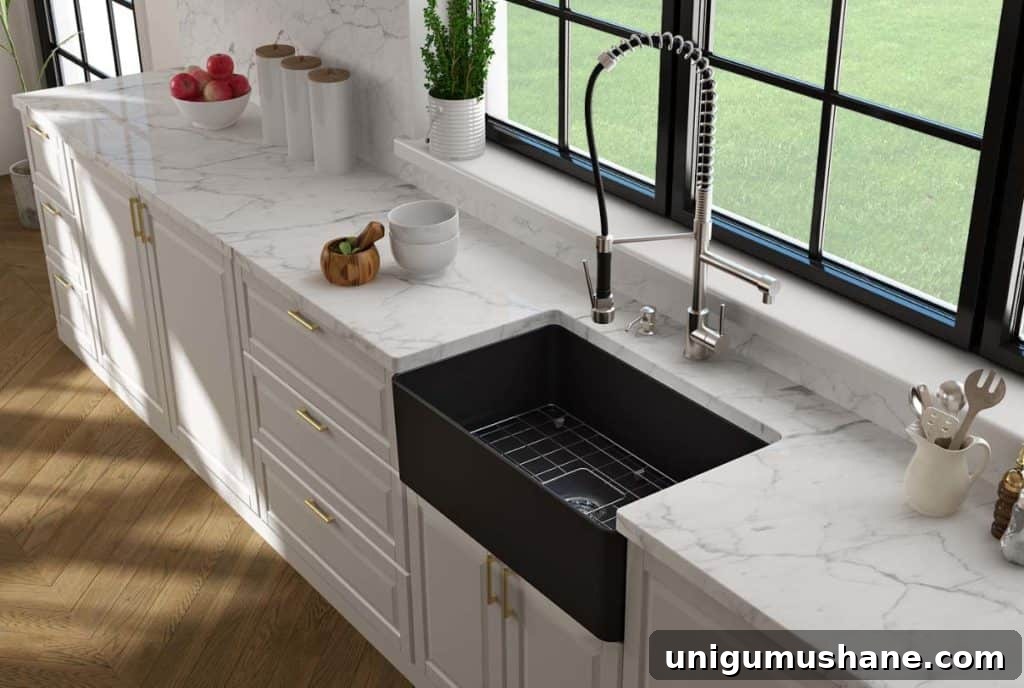 Farmhouse sink with apron front design in a modern kitchen