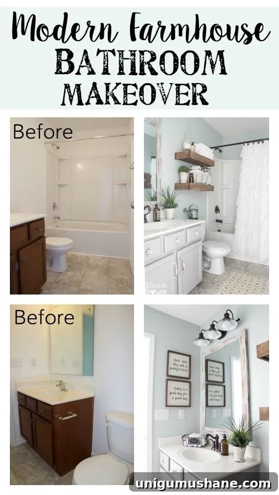 Modern Farmhouse Bathroom Remodel Reveal: Before and After 2 Modern Farmhouse Bathroom Makeover | Bless'er House - So many great ideas to create charm in a builder grade bathroom!