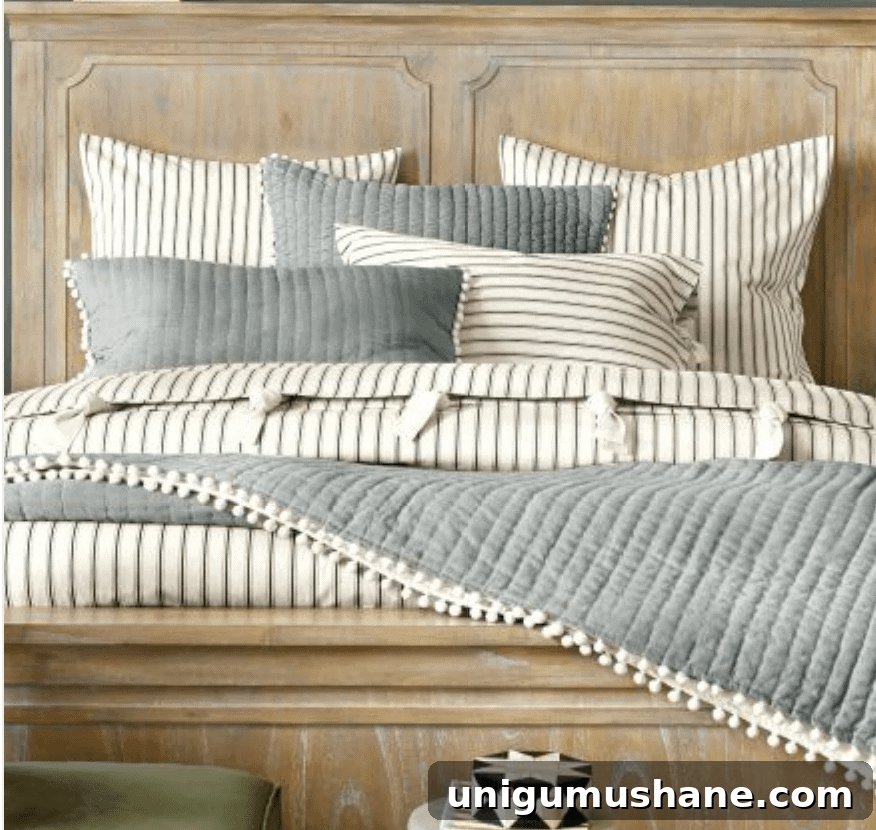 Modern Rustic Master Bedroom Design and Inspiration 10 Modern Rustic Master Bedroom Design Plan | www.blesserhouse.com | ticking stripe bedding
