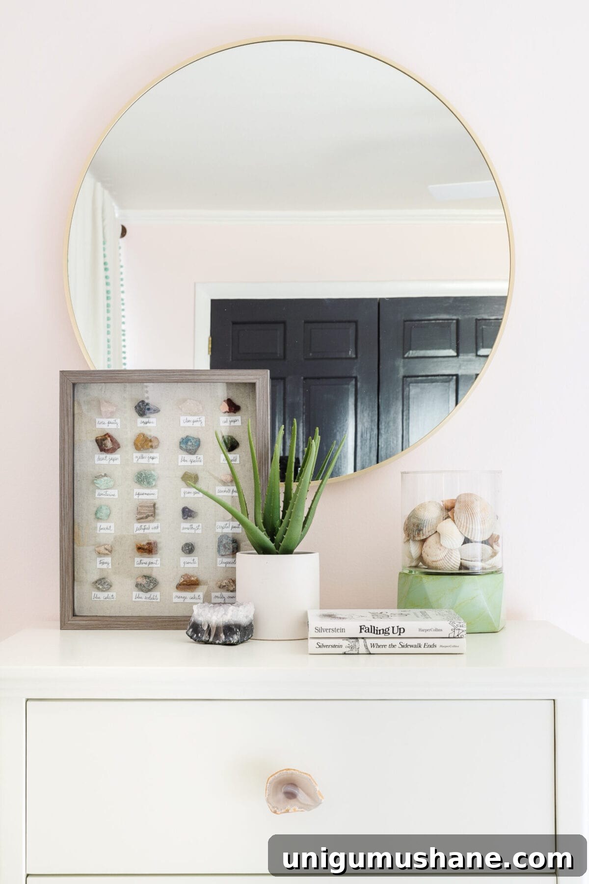 Where to Buy Furniture and Kitchen Cabinet Hardware 16 white dresser with agate slice drawer pulls in a little girl's bedroom with round mirror and shadow box rock collection on top