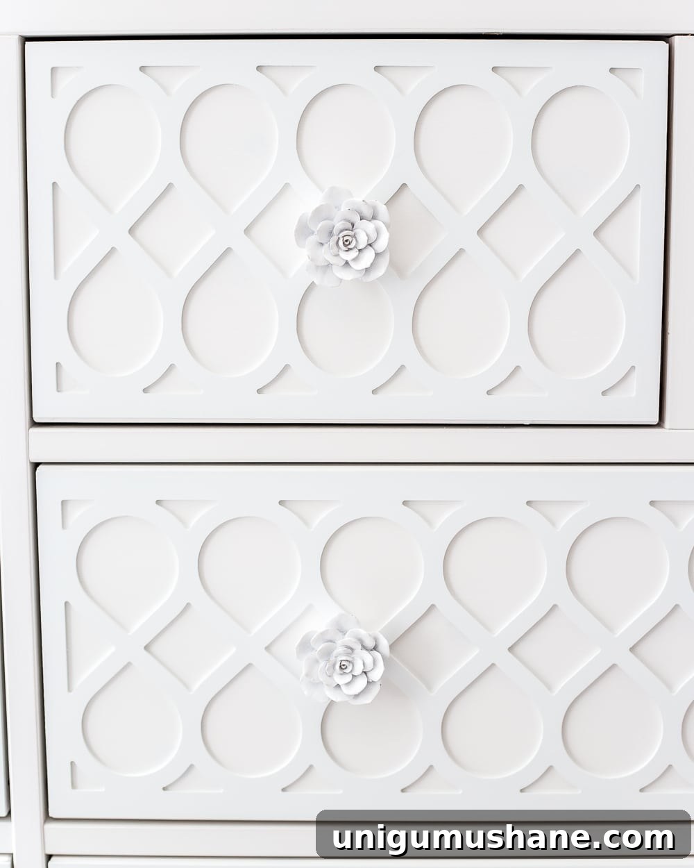 Where to Buy Furniture and Kitchen Cabinet Hardware 5 white rose drawer knobs on white applique drawer fronts
