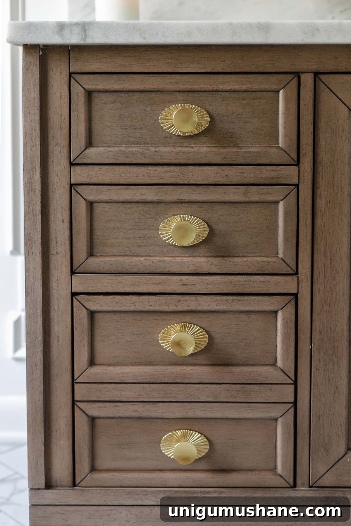 Where to Buy Furniture and Kitchen Cabinet Hardware 9 gold Art Deco style bathroom drawer pulls on a wooden vanity