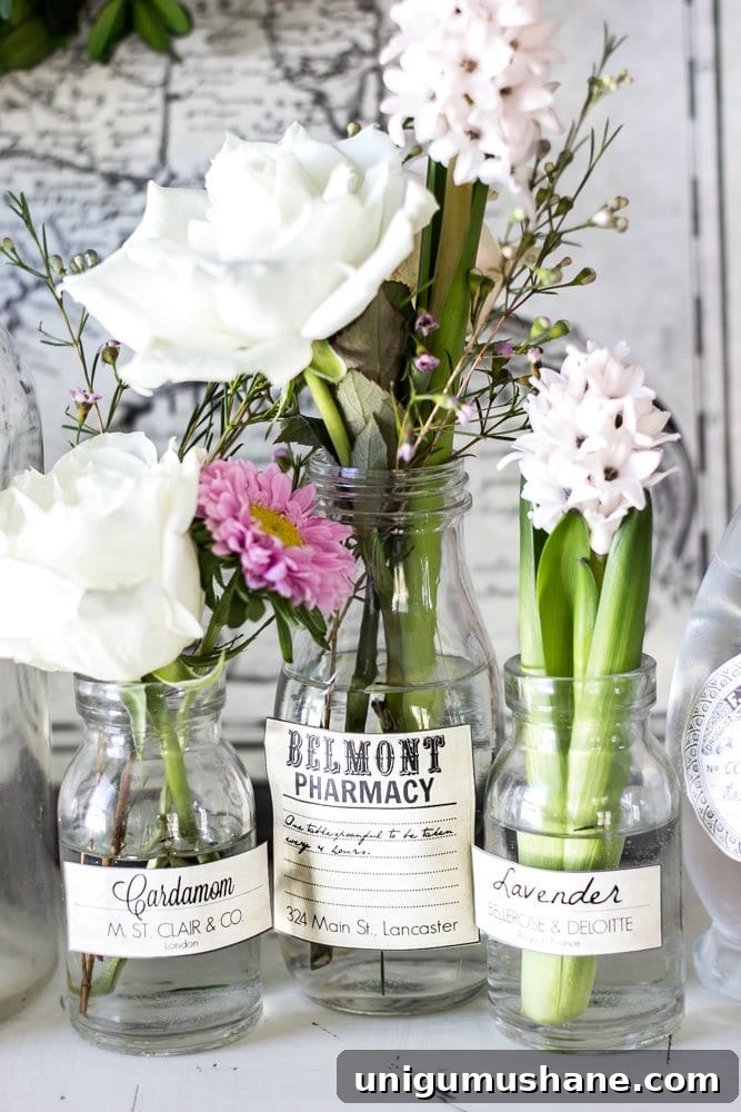 Spring Apothecary Jar Labels Printable | blesserhouse.com - These are so cute! Stick them on any glass bottles and they're instant vintage farmhouse decor!