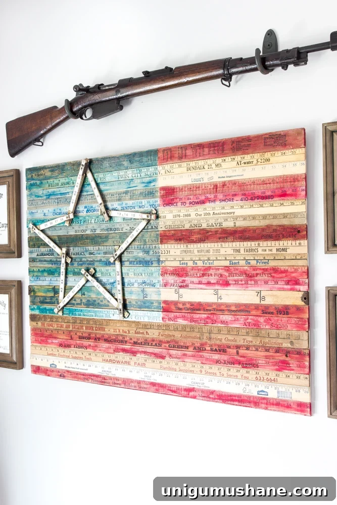 18 Affordable DIY Wall Decor Ideas to Transform Any Room 7 yardsticks repurposed into an American flag as diy wall decor