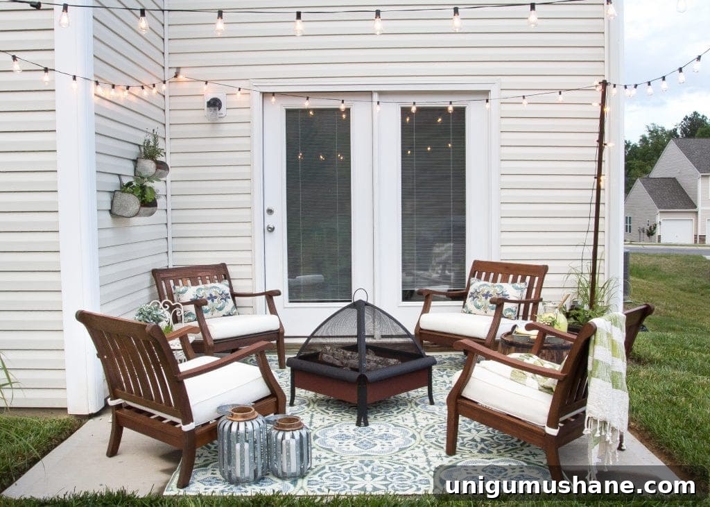 Small Patio Decorating Ideas to Maximize Space 4 How to Decorate a Small Patio | blesserhouse.com - Utilize a small patio space with chairs at each corner and a fire pit in the middle for function and entertainment. Add outdoor string lights for a cozy ambience.
