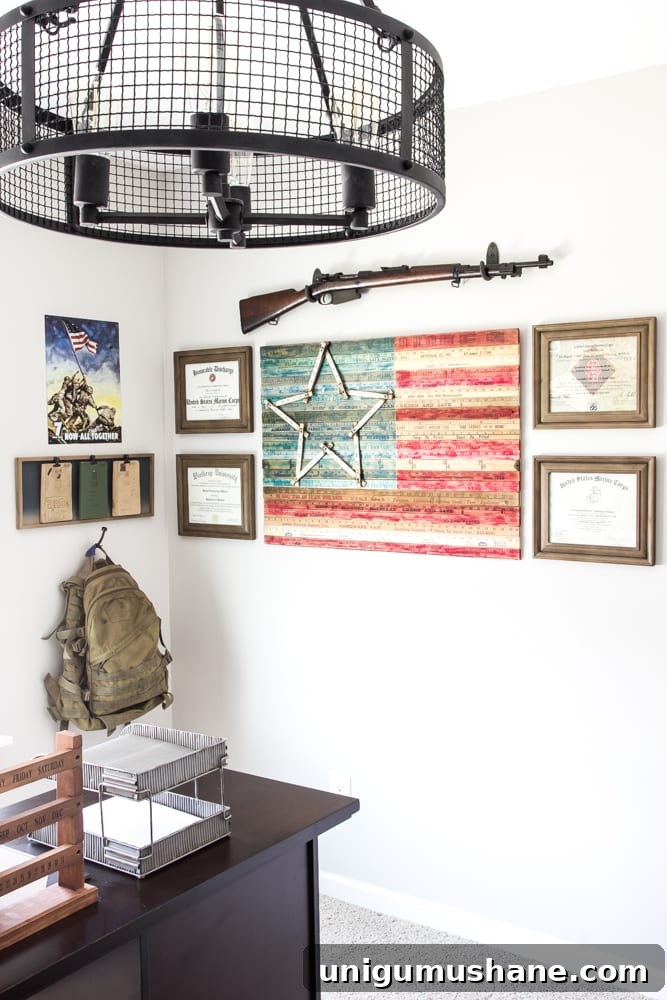 Inside the Military-Industrial Office: Exclusive Look 11 Industrial Military Office Reveal | blesserhouse.com - An masculine office makeover using lots of DIYs and thrift finds. Awesome space for a veteran!