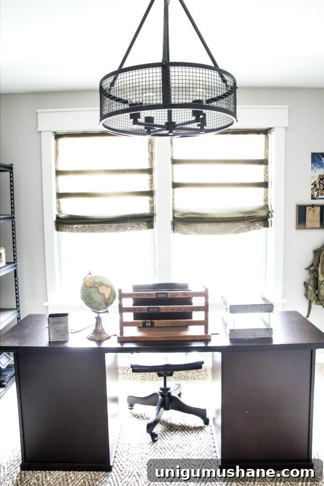 Inside the Military-Industrial Office: Exclusive Look 12 Industrial Military Office Reveal | blesserhouse.com - An masculine office makeover using lots of DIYs and thrift finds. Awesome space for a veteran!