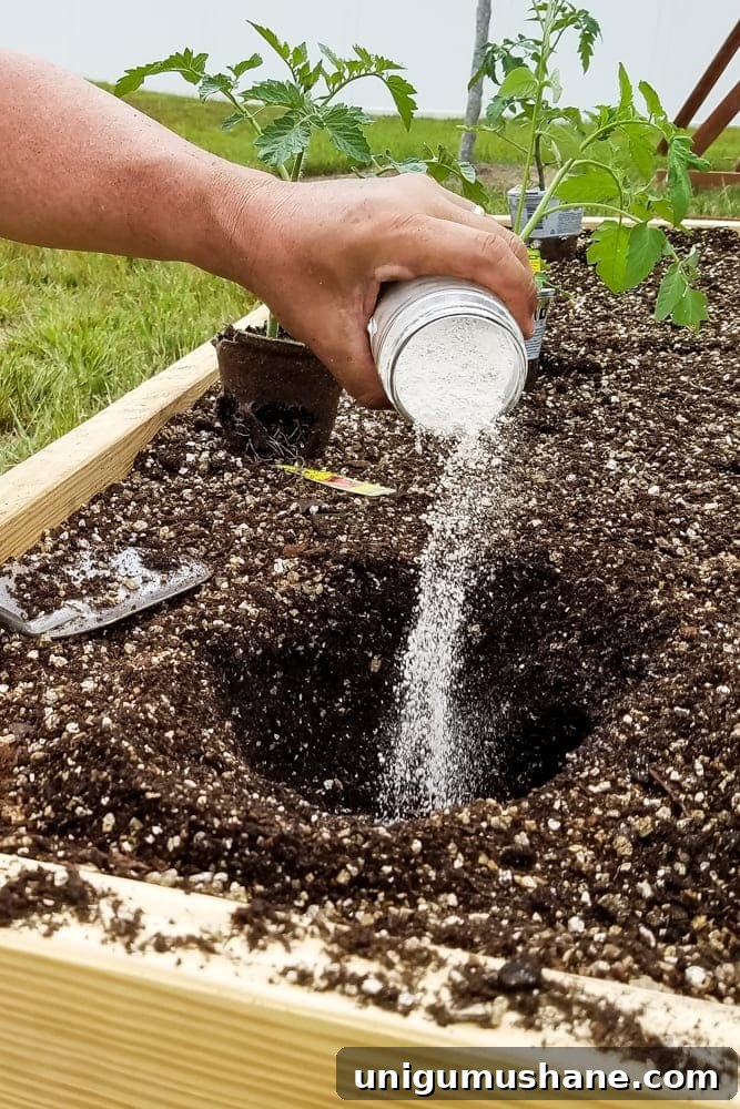 How to Grow a High Yield Raised Bed Vegetable Garden 12 pouring lime powder into plant holes before planting