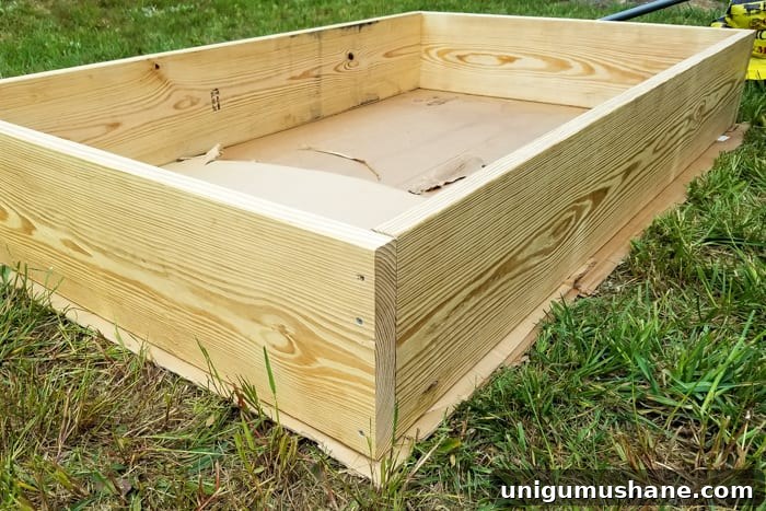 How to Grow a High Yield Raised Bed Vegetable Garden 8 laying cardboard in the base of a raised bed vegetable garden frame