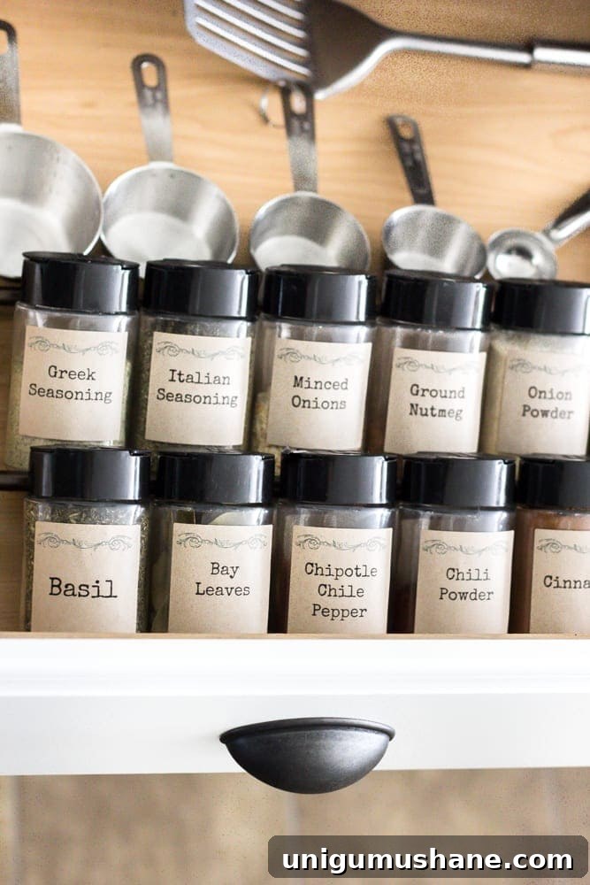 Organize Dollar Store Spices with Printable Labels 11 Dollar Store Spice Organization and Printable Labels | blesserhouse.com - How to organize a spice drawer with items from the dollar store.