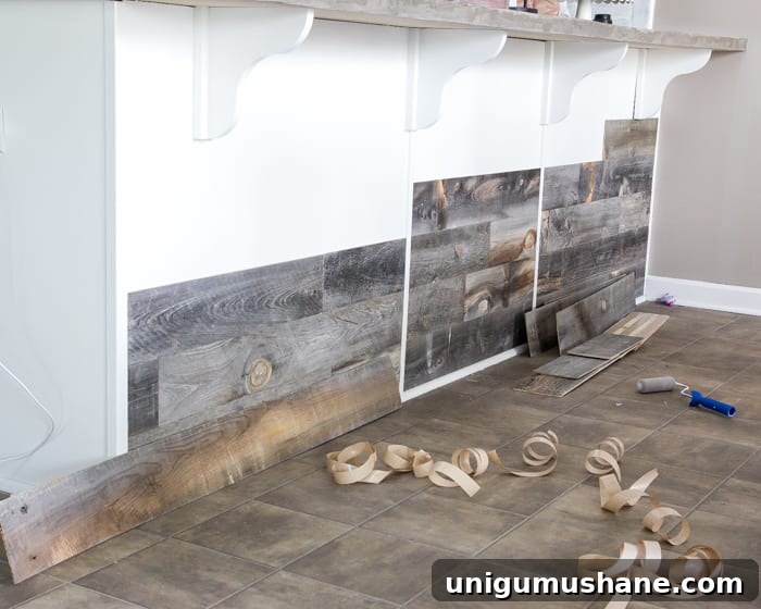 How to Build a Reclaimed Wood Home Bar 7 DIY Reclaimed Wood Bar | blesserhouse.com - A quick and easy tutorial to get a rustic reclaimed look on a kitchen bar with Stikwood.