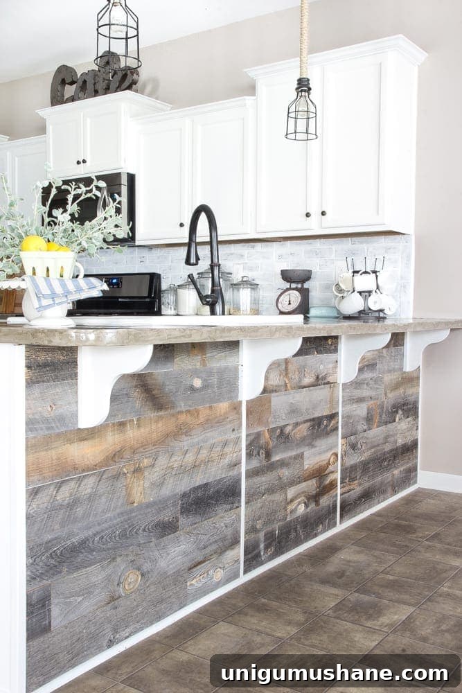 How to Build a Reclaimed Wood Home Bar 9 DIY Reclaimed Wood Bar | blesserhouse.com - A quick and easy tutorial to get a rustic reclaimed look on a kitchen bar with Stikwood.